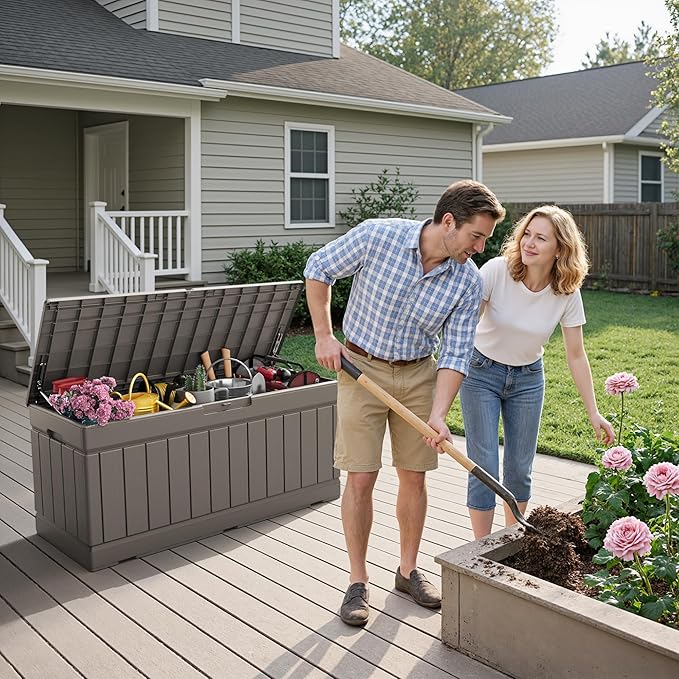 Flamaker Outdoor Storage Box 80 Gallon Resin Waterproof Deck Box Delivery Box with Wood Texture Large Storage Bin for Patio Cushions (Light Brown)