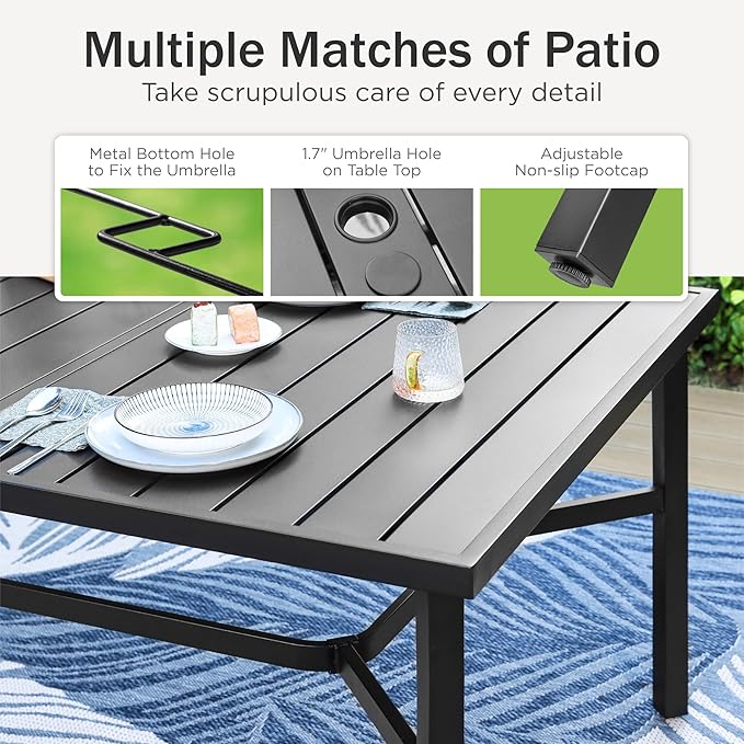 PHI VILLA 9 Piece Patio Dining Set, Patio Furniture Outdoor Dining Set with Adjustable Portable Patio Folding Chairs (Black) & Large Patio Dining Table for Yard, Garden and Deck