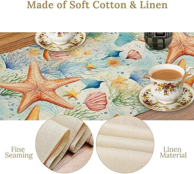 Starfish Conch Shell Table Runners, Season Coastal Marine Life Table Runners for Kitchen Dining Outdoor Home Party 13x120in