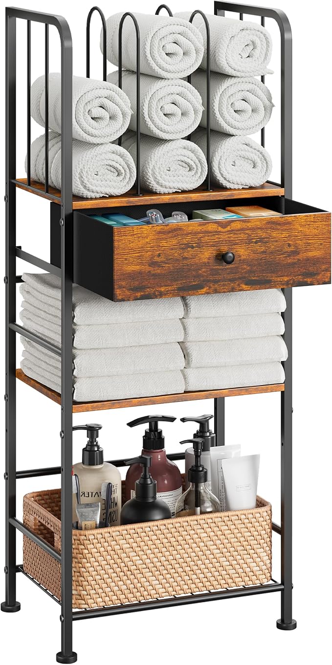 Towel Rack Free Standing 3-Tier with Drawer and M-Shaped Detachable Dividers,Towel Holder with Adjustable Shelf, Towel Organizer Space Saving for Bathroom and Poolside Patent Pending