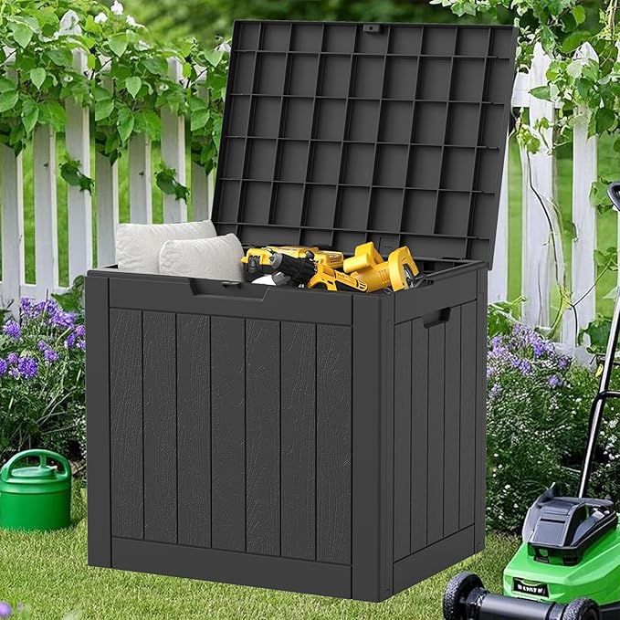 NUNU LAB 32 Gallon Outdoor Storage Box Waterproof, Outside Package Delivery Deck Boxes with Lockable Lid, Backyard Storage Bin For Garden Tools, Patio Cushions Accessories, Black