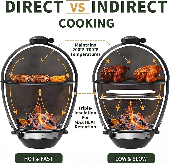 Brand-Man Charcoal Grill & Smoker Steel Kamado - 22" Cast Iron Grates, Grilling Basket, Large Prep Table Cart, Ideal for Outdoor Cooking