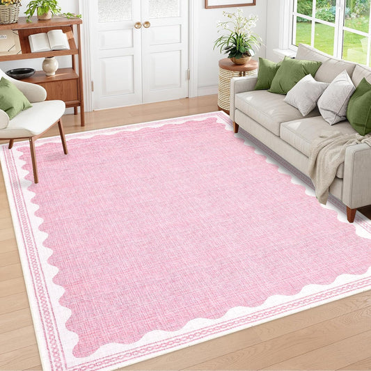 Scalloped Washable Rug 8x10 Area Rugs for Living Room, Solid Pink Rug for Bedroom Girls, Non Slip Throw Carpet with Rubber Back, Soft Dorm Nursery 8x10 Rugs for Dining Room