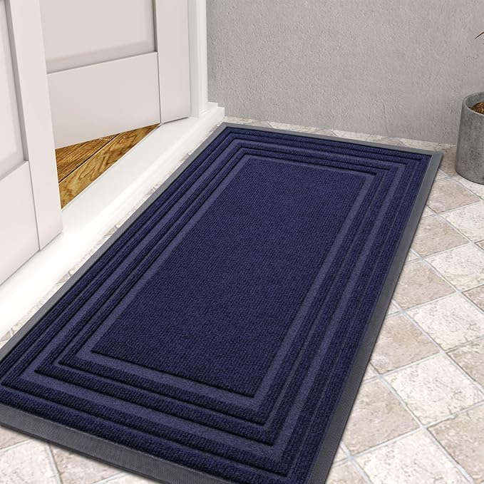 Buganda Front Door Mat Indoor Outdoor Entrance, Non-Slip Natural Rubber Doormats, Easy Clean, Low Profile, Dirt Trapper Entryway Floor Mats for Outside, Garages and Patios, 47x24, Navy