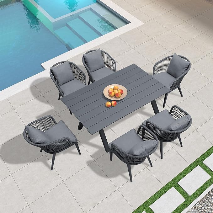 PURPLE LEAF 7 Pieces Patio Dining Set Wicker Outdoor Furniture Rectangular Table and Chairs Set for Garden Deck Aluminum Frame Backyard Kitchen Set, Cushions and Pillows Included Grey