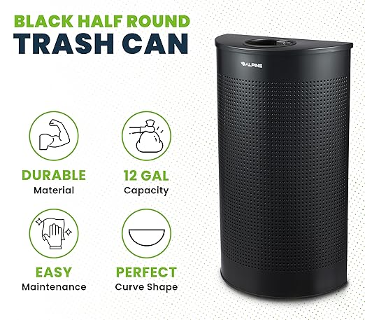 Alpine Half Round Trash Can Open Top - Modern Black Metal 12 Gallon Half Moon, Space Saving Indoor Commercial Trash Cans with Lid, Narrow Garbage Can for Bathroom, Office, Lobby and Business.
