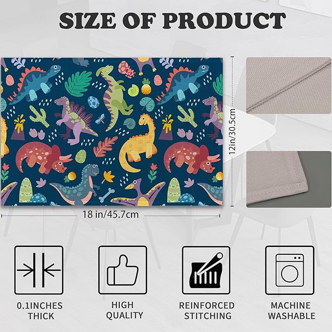 Dinosaur Placemats Set of 6,Cute Tropical Leaves Heat Resistant Table Mats Washable Place Mats for Party Kitchen Farmhouse Home Dining Holiday Decor 12x18 Inch