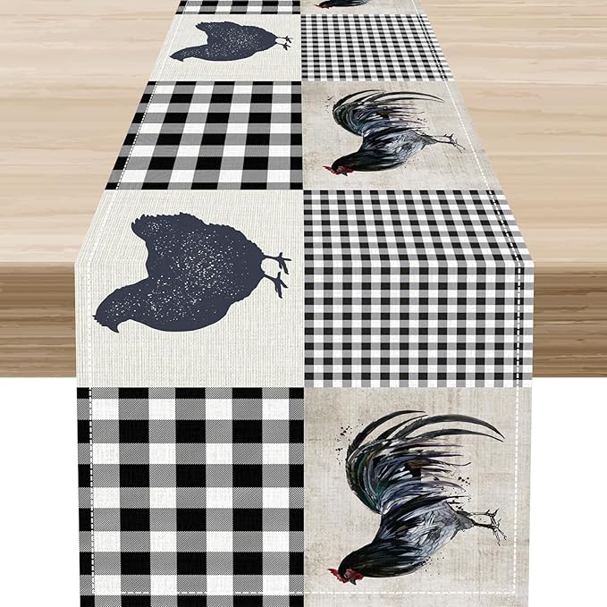 Farmhouse Rooster Table Runner, Vintage Rooster Retro Farmhouse Country Chicken Buffalo Checked Coffee Table Center Decor for Home Kitchen Dining Patio Holiday Party Table Decorations 13"x72"
