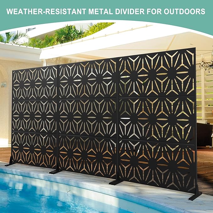 Metal Privacy Screen for Outdoor & Indoor Use, Free Standing Privacy Screen for Patio Garden Pool, 72" H x 47" W Decoative Privacy Panels, Weather Resistant, Easy Assembly (Black Star)
