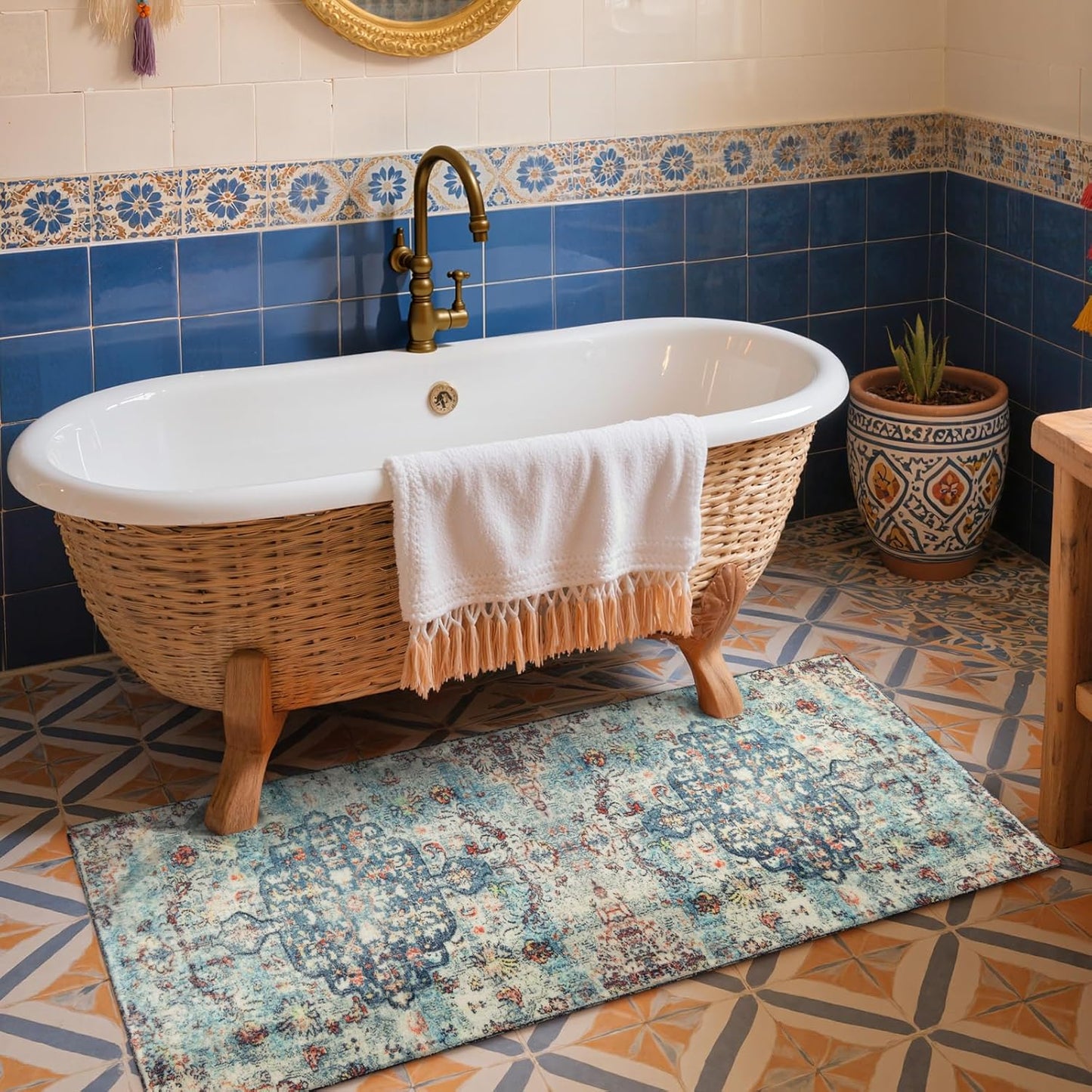 Lahome Bohemian Floral Medallion Runner Rug - 2x6 Hallway Laundry Rug Runner Washable Kitchen Sink Mat Distressed Turkish Non-Slip Soft Bedside Carpet for Doorway Bedroom, Vintage Teal/Multi