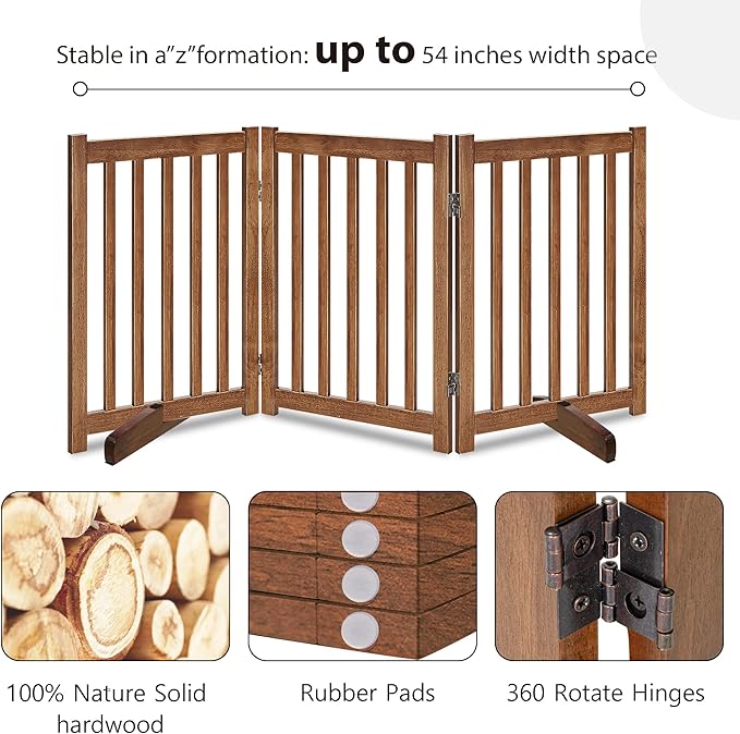 LZRS Freestanding Dog Gate 30 inch Tall - 3 Panels Solid Wooden Pet Gate for Doorways, Stairs & Hallways, Expandable & Foldable with Support Feet，Indoor Use,Oak