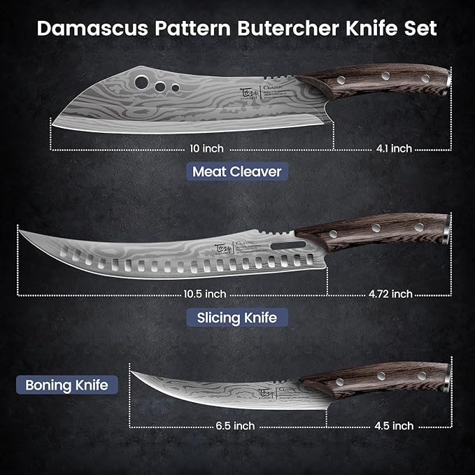 Butcher Knife Set, 3 PCS Kitchen Knives Set for Cutting, Meat Cleaver Chef Knife Set, Japanese Style High Carbon Steel Knives Set, Chopping & Slicing & Boning for Home and BBQ, Christmas gift