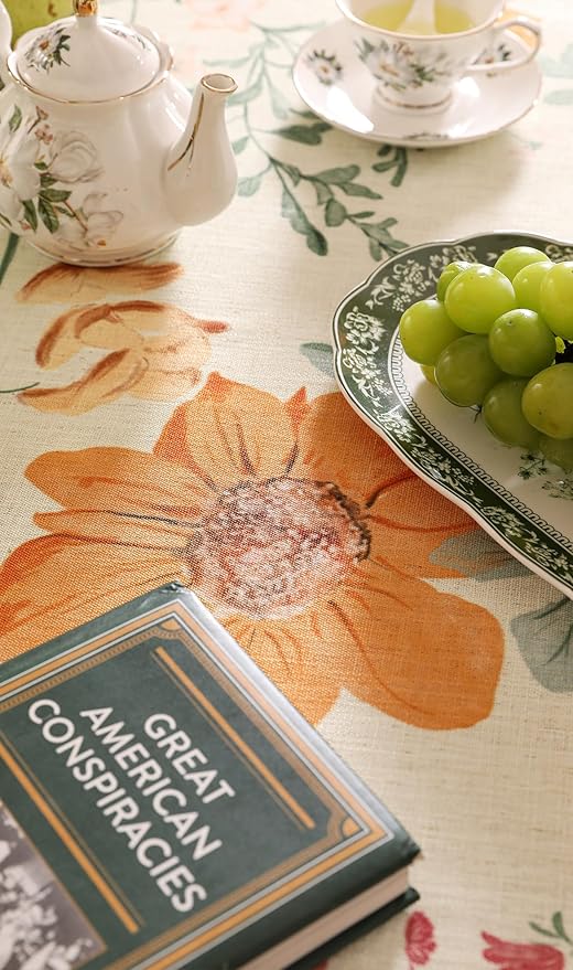 French Tablecloth for Rectangle Table,Linen Orange Floral Wrinkle Resistant Tablecloths,Decorative Table Cover for Kitchen,Dining,Tea Party,Thanksgiving,Christmas,63"*87"-Milch