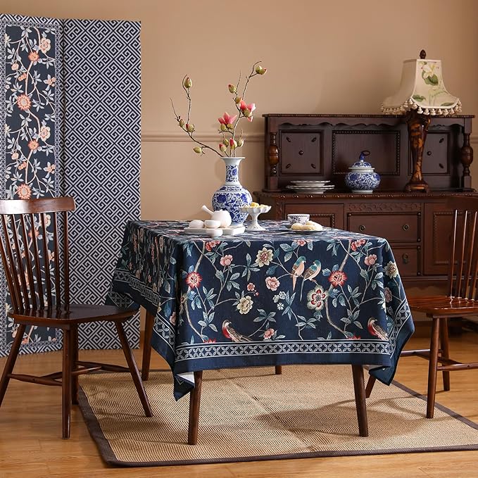 patdrea Designer Vintage Dark Blue Linen Square Tablecloth,Navy French Floral and Birds Pattern Tableloths,Decoration Table Cover for Kitchen,Dining,Tea Party,Home,Christmas,67"*67"