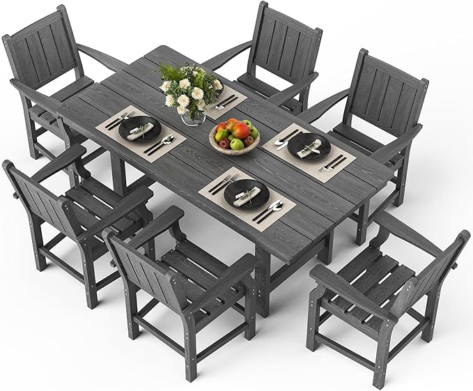 Pamapic 7 PCS Outdoor Dining Set, Spacious HDPE Outdoor Table and Chairs, Wood Grain Patio Furniture Sets with Elegant Armrest, All-Weather Outdoor Furniture with Umbrella Hole, Gray
