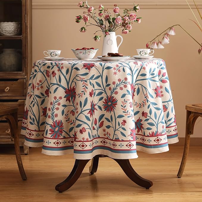 Designer Floral Linen Round Tablecloth,Vintage William Morris Wrinkle Resistant Table Cloth,Decorative Table Cover for Kitchen,Dining,Thanksgiving,Christmas,Diameter 67"-Dorodango B