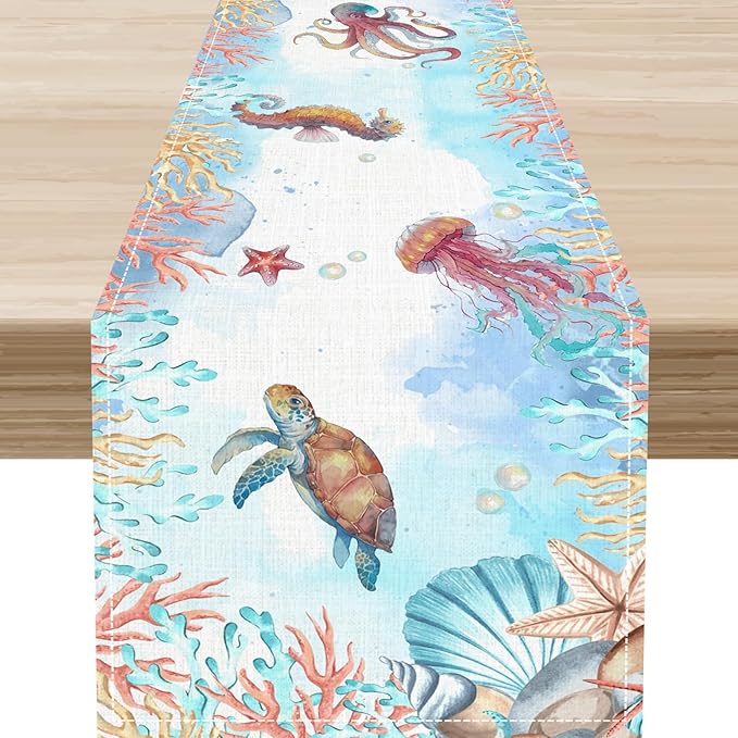 Blue Coastal Table Runner, Nautical Starfish Turtle Seashell Coral Shell Beach Ocean Dining Table Runner for Coffee Table Home Party Decor 13"x90"