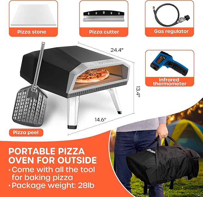 Ecowell Gas Pizza Oven – 12" Pizza Maker with Gas Regulator, Outdoor Energy-saving Propane Pizza Cooker, with Pizza Stone/Peel/Cutter/Infrared Thermometer (12 Inches)