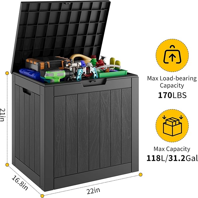 31 Gallon Outdoor Storage Deck Box Waterproof,Garden Tool,Backyard Cushion,Poolside Storage,Small Delivery Boxes for Outside,Lockable Lid,Wood-like Striped Grey