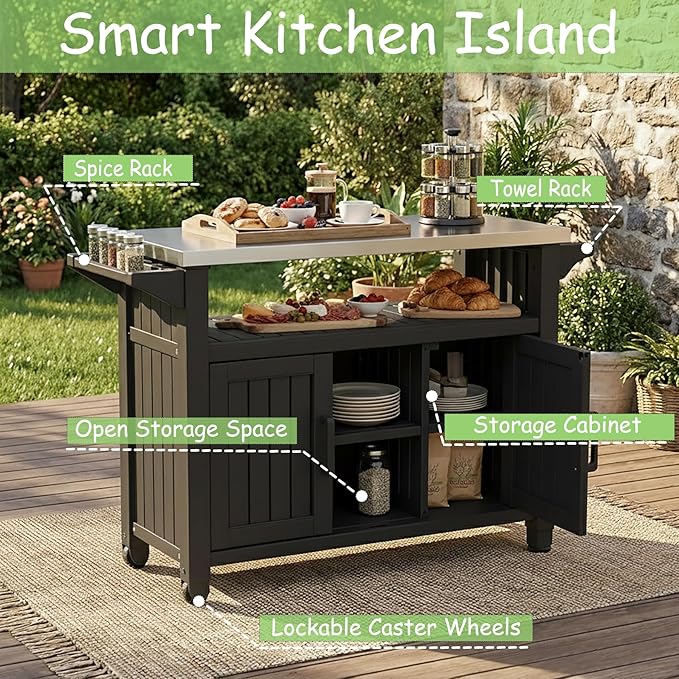 Kitchen Island Cart, 54" Outdoor Indoor Rolling Patio Serving Table with Stainless Steel Top, All-Weather Resin Cabinet with Storage & Wheels for BBQ Party, Black