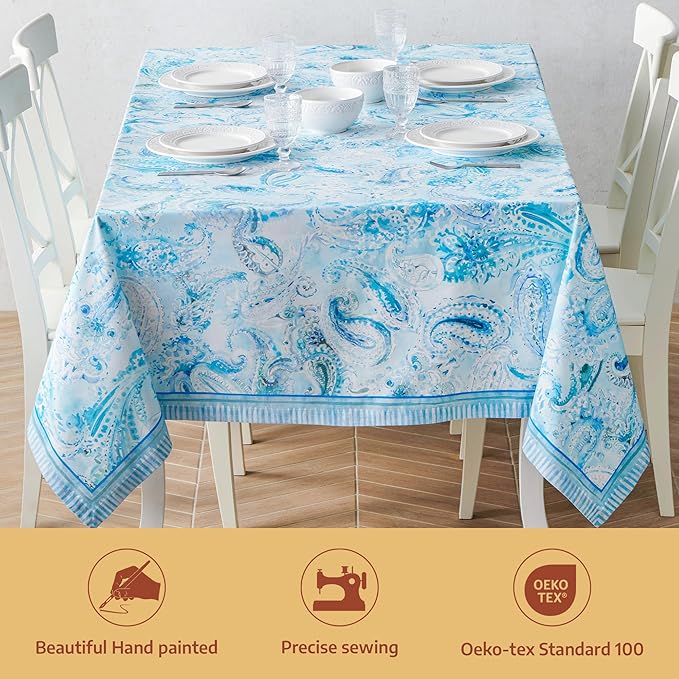 Maison d' Hermine Premium Table Cloth Rectangle Table 100% Combed Cotton 108 x 70 Inches Tablecloth Reusable Decorative for Dining Room, Farmhouse, Home, Party, Festive & Wedding - Paisley Blues