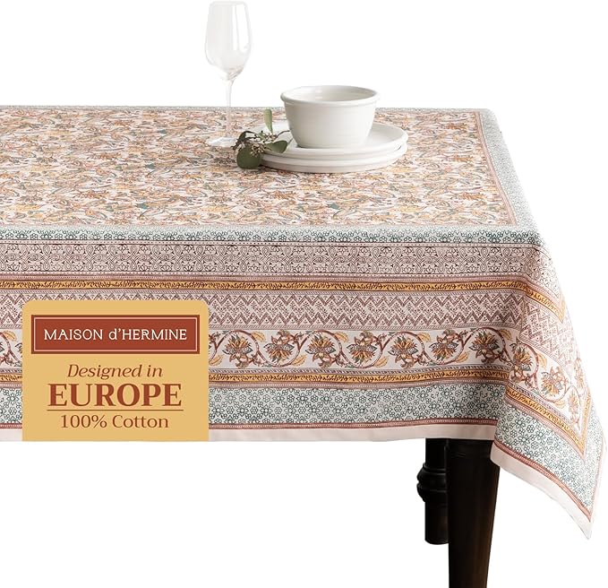 Maison d' Hermine Table Cloth Rectangle Table 100% Cotton 70 x 120 Inches Fall Tablecloth Reusable Everyday Use for Thanksgiving Christmas Decorations Dining Farmhouse Party (Nila)