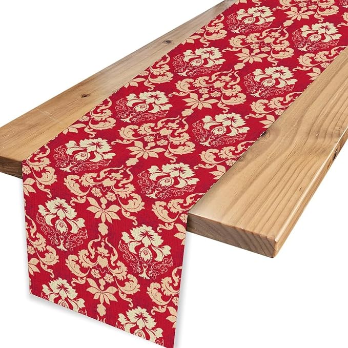 Damask Table Runner, Rustic Gothic Red Baroque Style Floral Boho Flower Antique Vintage Retro Coffee Table Center Decor for Kitchen and Dining Outdoor Home Country Party Table Decorations, 13"x108"