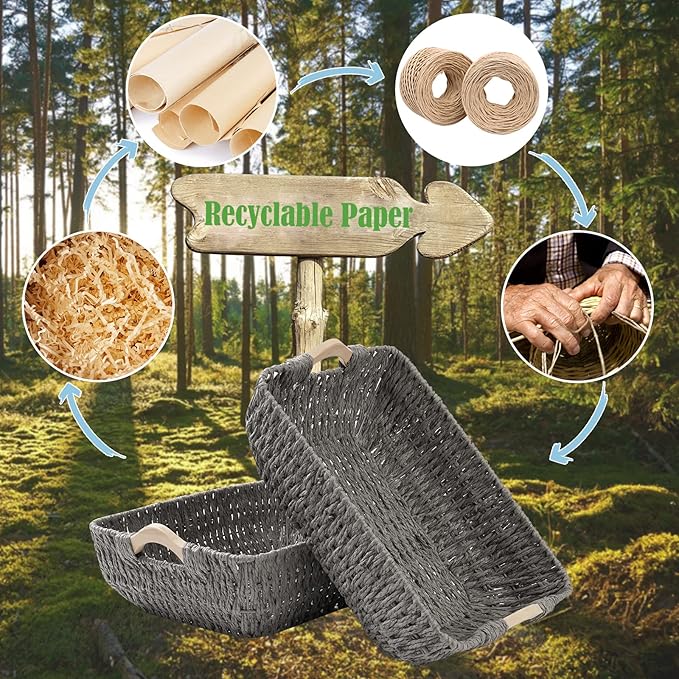 FairyHaus Wicker Baksets 2Pack 15x10x5, Recyclable & Renewable Paper Rope Wicker Storage Bakset with Solid Wood Handles, Wicker Baskets for Shelves Organizing, Grey