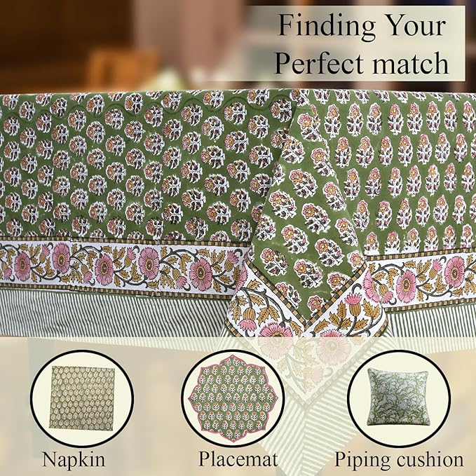 CPC Tablecloth 100% Cotton 70x118 Inch Indian Block Print Easter Rectangle Table Cover, Table Cloth for Weddings, Parties- Jade Green 10-Seater