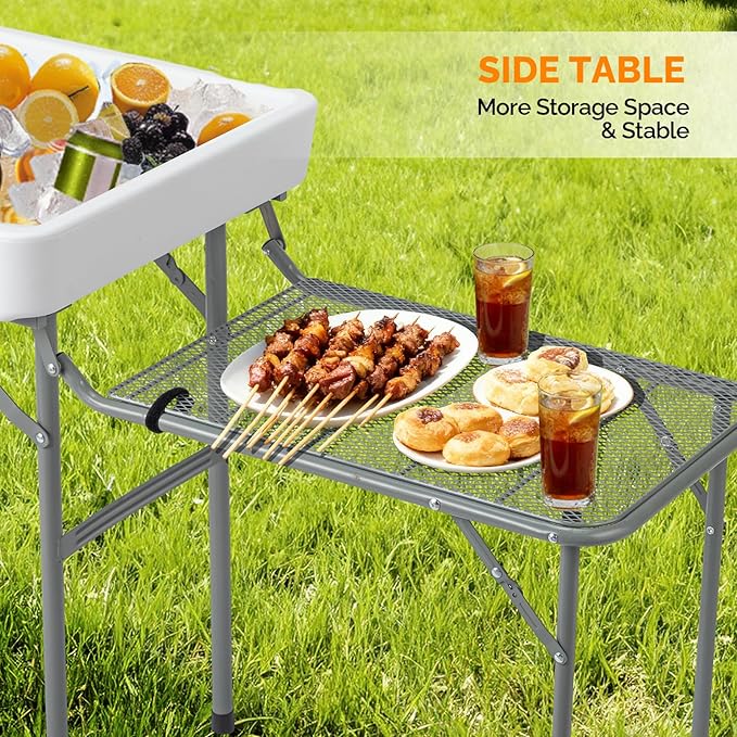 VINGLI Ice Table with Side Table, Portasble Cooler Table with Removable Skirt, Patio Table, Indoor & Outdoor Bar for Events, Parties and Camping White