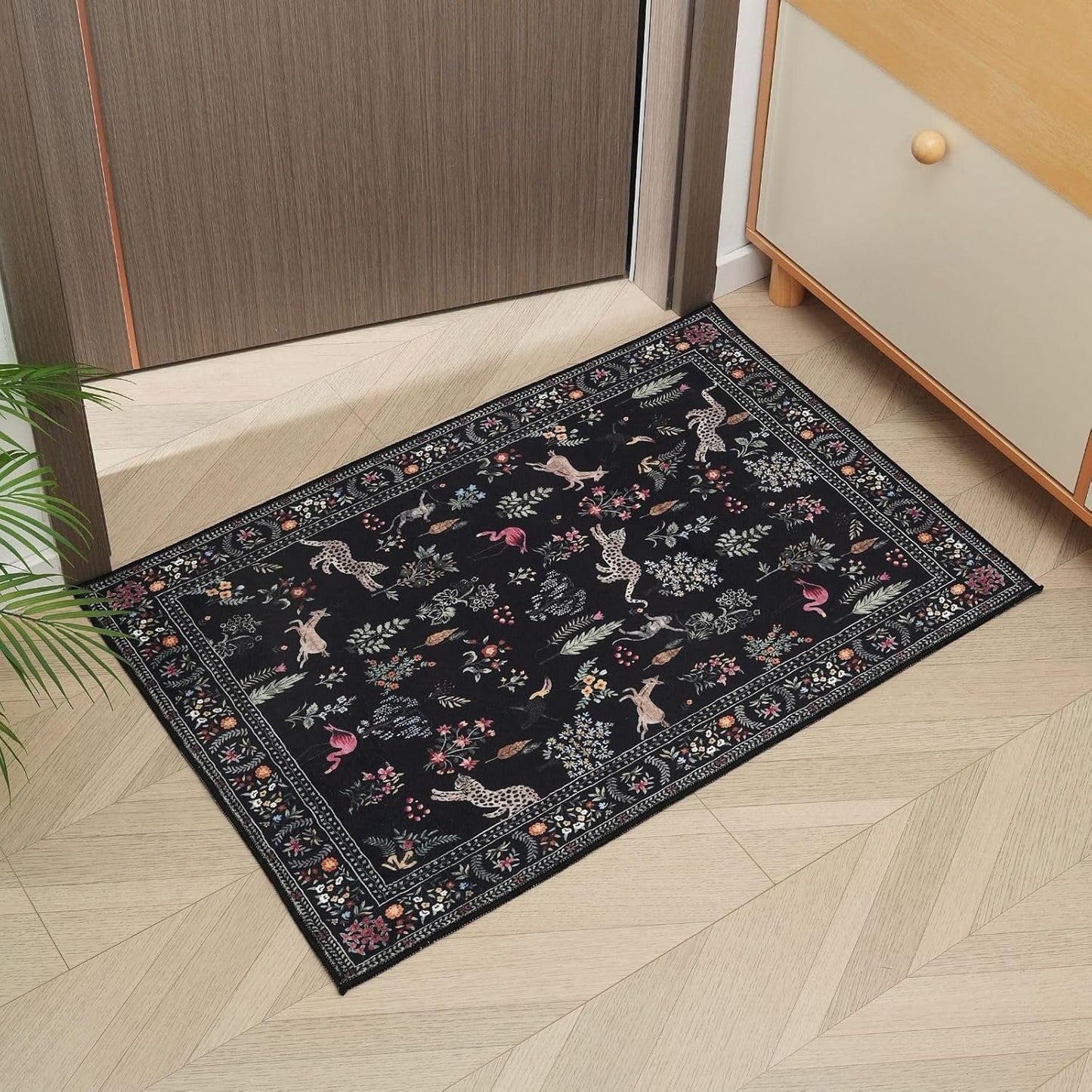 Rugcomf Door Mat Indoor Entrance 2x3 Rug Machine Washable Boho Floral Animal Small Area Rug Non-Slip Low Pile Throw Rugs for Entryway, Kitchen, Front Door Indoor Entrance, Entry, Kids Room (Black)