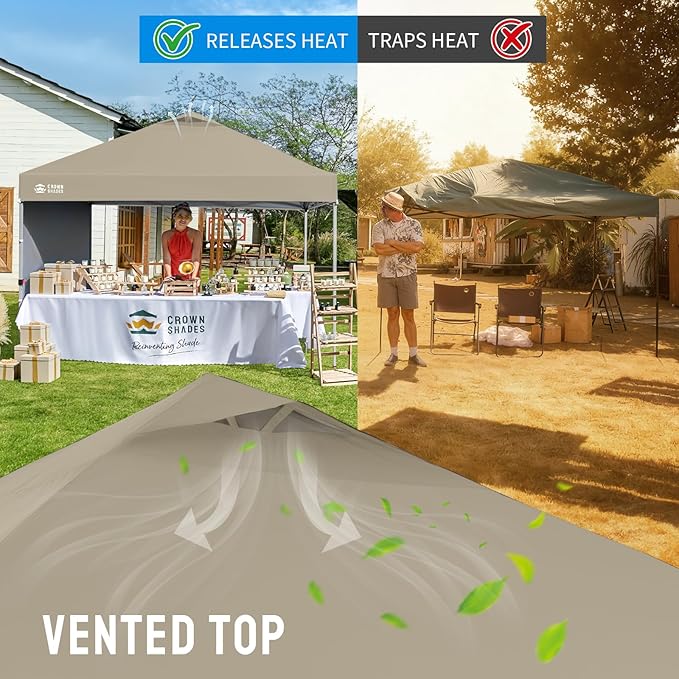 CROWN SHADES 10x10 Pop Up Canopy with 1 Side Wall - Beach Tent with One Push Setup - Outdoor Sun Shade for Events, Parties, Camping - Gazebo with STO-N-Go Cover Bag (Beige)
