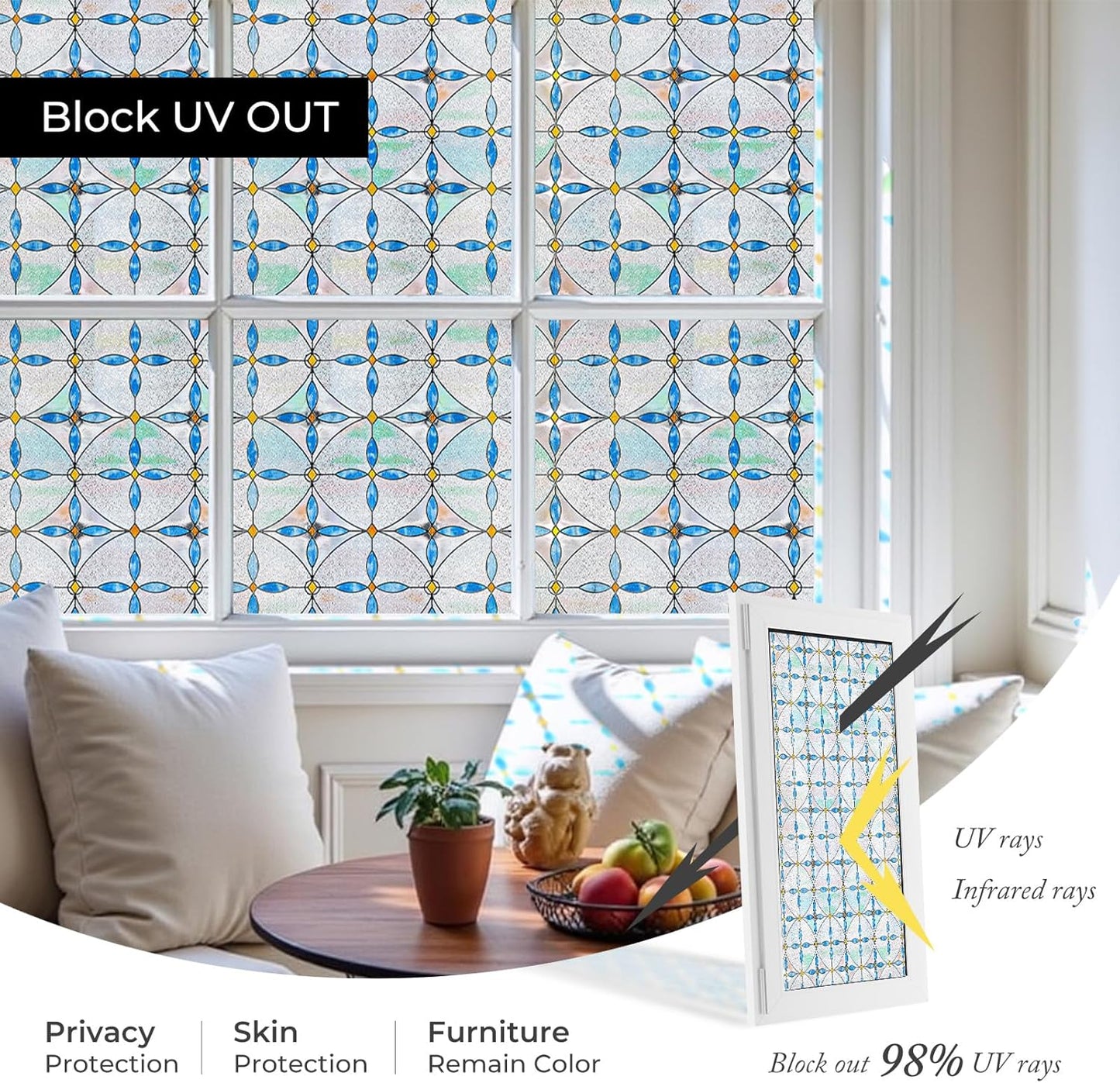 3D Stained Glass Window Film, Decorative Window Privacy Film for Bathroom,Front Door,Home, Sun Blocking Heat Control,Static Cling, Blue Tears 23.6inch x 35.4inch