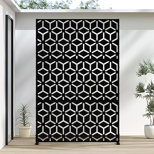 Casaphoria 72" H x 47" W Metal Outdoor Privacy Screen, Freestanding Decorative Divider for Patio, Deck, Balcony, and Garden with Stable Base, Black Bob