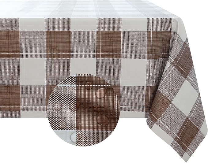 Romanstile Square Plastic Tablecloth, 100% Waterproof Oil-Proof Checkered PVC Table Cloth, Heavy Duty Vinyl Table Cover for Dining, Camping, Picnic, Outdoor - 54 x 54 Inch, Brown Checkered