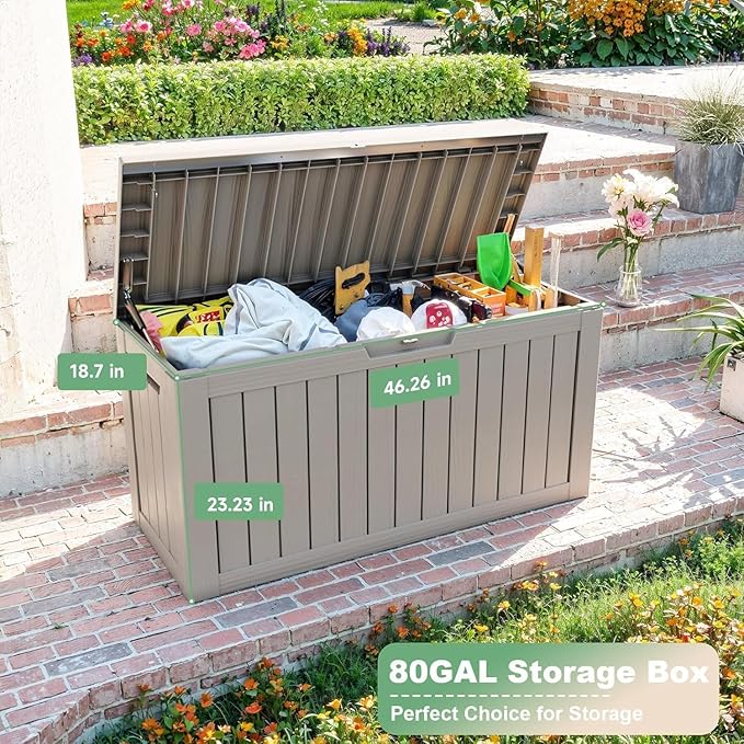 EasyUp 80 Gallon Deck Boxes Waterproof, Outdoor Large Storage Boxes with Lids, Outside Resin Storage Box & Deck Boxes for Patio, Garden Use(Gray)