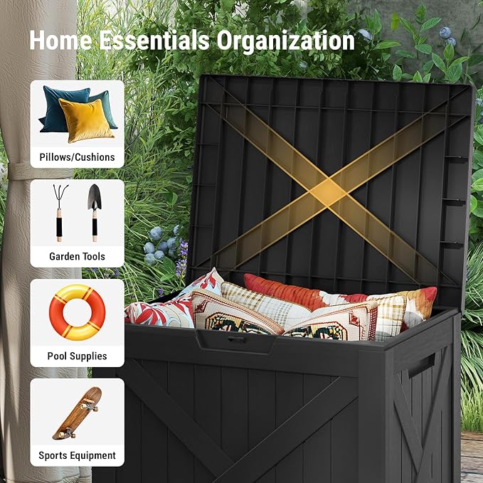 Mars Villa 31 Gallon Barn Style Deck Box, Outdoor Storage Box Waterproof, Lockable Lid, Weatherproof and UV Resistant Resin Storage Bin for Patio Furniture Cushions, Pool Supplies, Garden Tools, Black