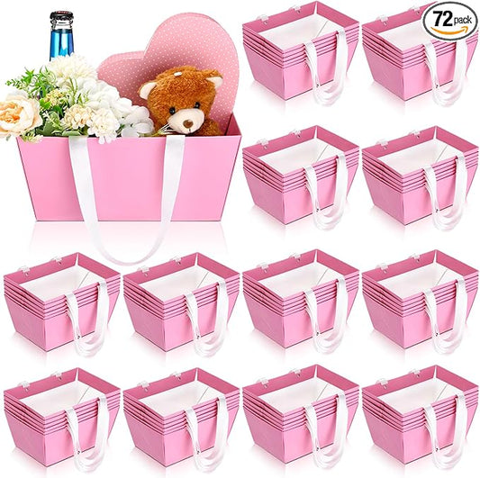 Glenmal 72 Pcs Baskets for Gifts Waterproof Empty Kraft Basket Bulk with Handles 9.8 x 6.5 x 4.3'' Gift Basket Empty to Fill for Wedding Party Christmas Valentines(Pink)