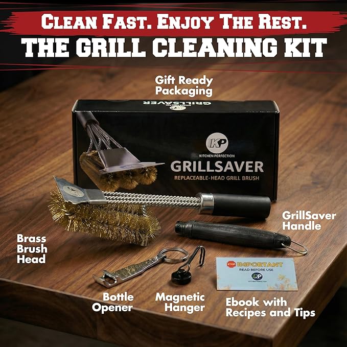 KITCHEN PERFECTION Brass GrillSaver - Safe BBQ Grill Brush with Replaceable Cleaning Head -Heavy-Duty Grill Cleaner w/Scraper for Porcelain & Ceramic Grates, Includes Magnetic Hanger & Bottle Opener