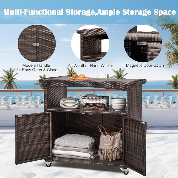 Outdoor Bar Cart with Storage Cabinet Patio Wicker Sideboard Buffet Cabinet Prep Table Outside Kitchen Serving Cart with Rolling Wheels & Handle Rattan Portable Bar Table with Shelves Doors Brown