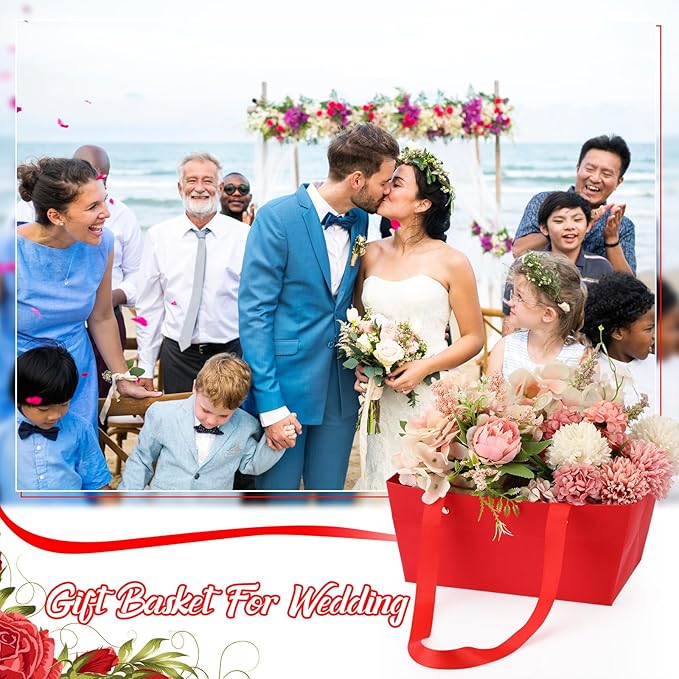 PerKoop 24 Pack Baskets for Gifts Empty Bulk 6.5 x 9.8'' Thick Kraft Gift Basket with Bows and Bags Empty Gift Baskets for Valentine's Day Easter Birthdays Wedding Snacks Farmers Market(Red)