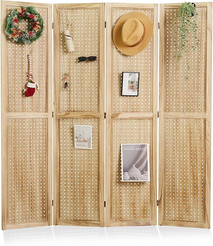 Pegboard Display, 5.6Ft Wooden Room Divider Folding Privacy Screens Portable Freestanding Wall Organizer for Retail Craft Art Display Board (4panels, Natural)