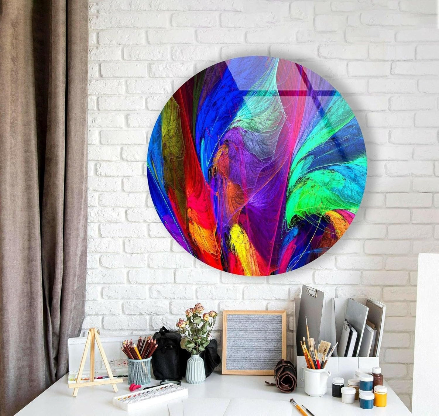 My Photostation.com 39,4''(100cm) Diameter Neon Colors Abstract Round Glass Wall Art Tempered Glass Printing Wall Decor Large Wall Art Wall Hangings