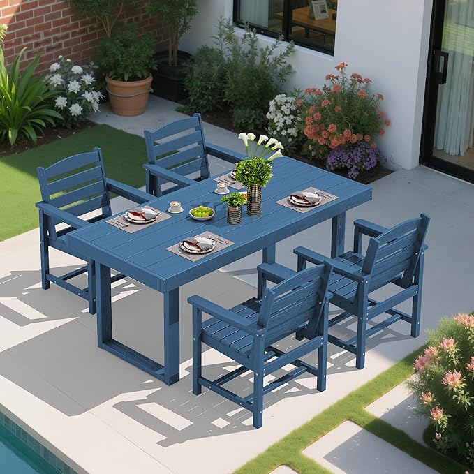 SERWALL HDPE Outdoor Dining Set for 4, 67'' All Weather Patio Dining Table and Chairs Set for Deck, Lawn, Blue