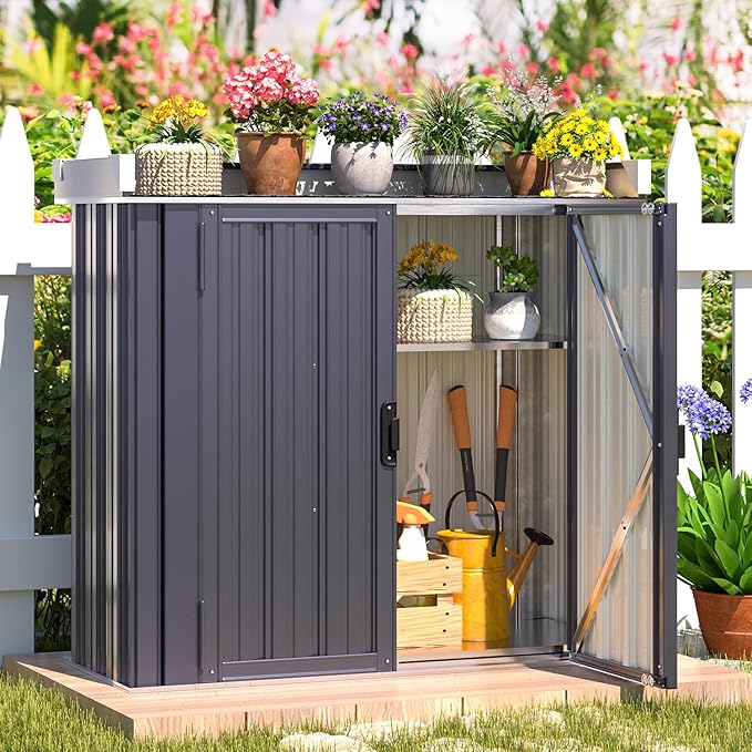 AECOJOY Outdoor Storage Cabinet Waterproof, Potting Workbench Table with Adjustable Shelves, Outside Metal Sheds & Outdoor Storage Garden Cabinet for Gardening Tools and Plants, Dark Grey