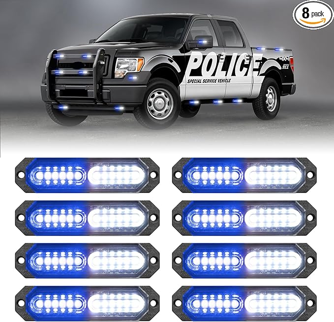 HLauto 1200T Emergency Strobe Grille Lights: 8pcs 12 LED Sync Feature Safety Warning Flashing Lights, Ultra Slim Surface Mount Hazard Caution Lights for Trucks, Vehicles, Car, ATV, UTV (Blue White)