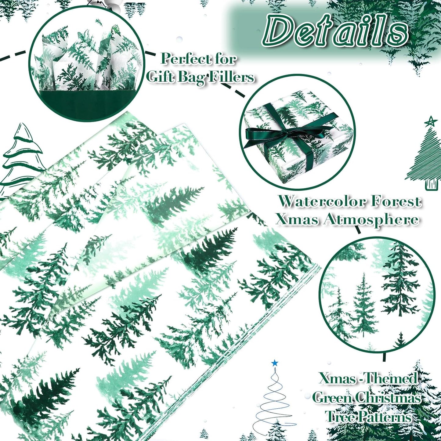 100 Sheets Christmas Tree Tissue Paper, 20x14in Forest Style Wrapping Tissue Watercolor Xmas Tree Art Tissue for Xmas Party Gift Bag Fillers Winter Party Decor (Blush Green)