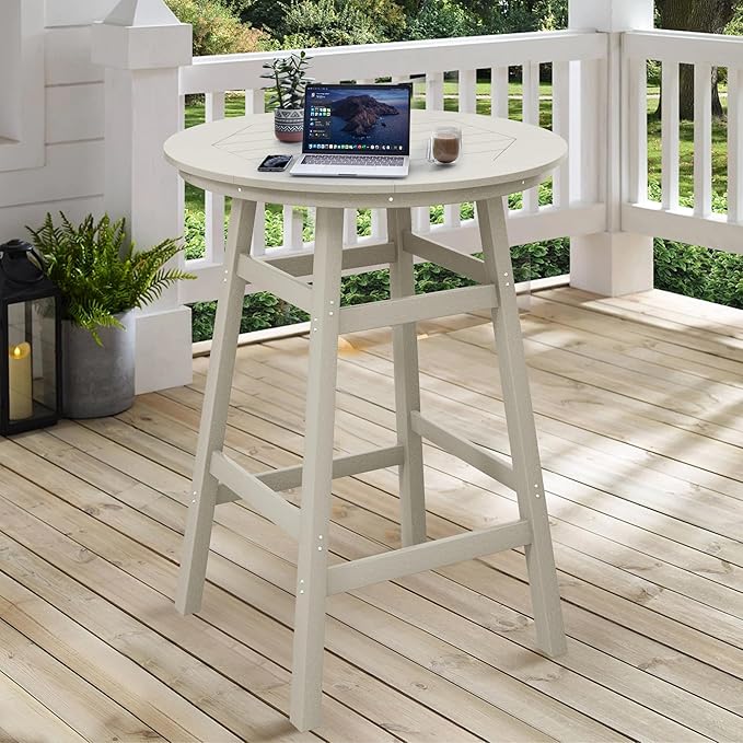 Costaelm Patio Bistro Table, 42" Counter Height Round Patio Cocktail Bar Table with Umbrella Hole, Outdoor Bistro Dining Pub Table for Front Porch Deck Backyard Garden, Sand