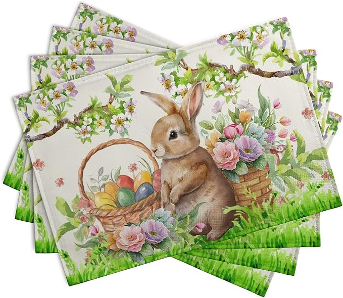 Easter Rabbit Placemats Set of 4 Spring Easter Egg Bunny Flowers Floral Place Mat 12x18 Inch Seasonal Farmhouse Linen Fabric Table Mats for Kitchen Dining Outdoor Indoor Easter Party Decoration