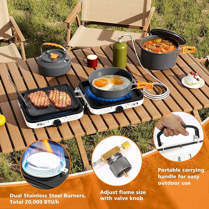 Hisencn Camping Stove,2 Burner Propane Stove,20000 BTU/h Camping Cooking set Includes Frying Pan,Kettle and Pot,Adjustable Burners & Piezo Ignition,Portable stove for camping Outdoor,White